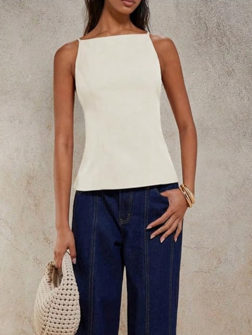 Ivory Square-Neck Halter Backless Top